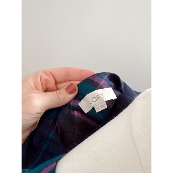 LOFT Blue Plaid Swing Top Size XS Flare Sleeve Cabincore - Picture 8 of 9